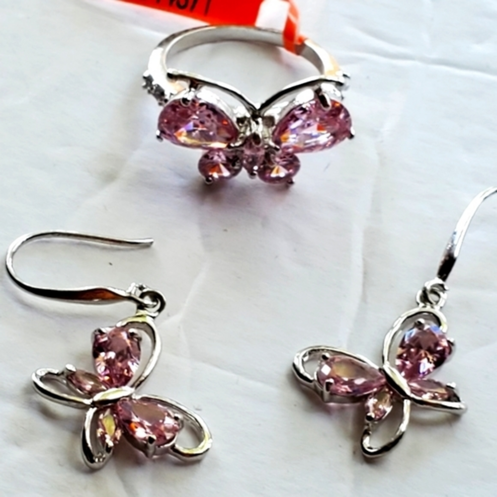 Butterfly Pink Stones and‎ CZ Rhinestones Ring Size 7 & Pierced Earrings NWT